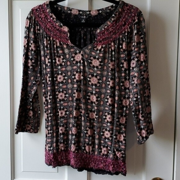 LUCKY BRAND BLACK PINK SMOCKED TOP SIZE MEDIUM BOHEMIAN COTTON - Picture 1 of 10